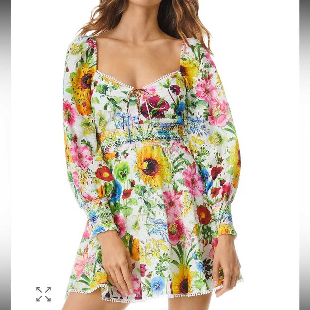 NWT Alice + Olivia Crawford Printed Mini Dress Floral Smocked Puff Sleeve size 8